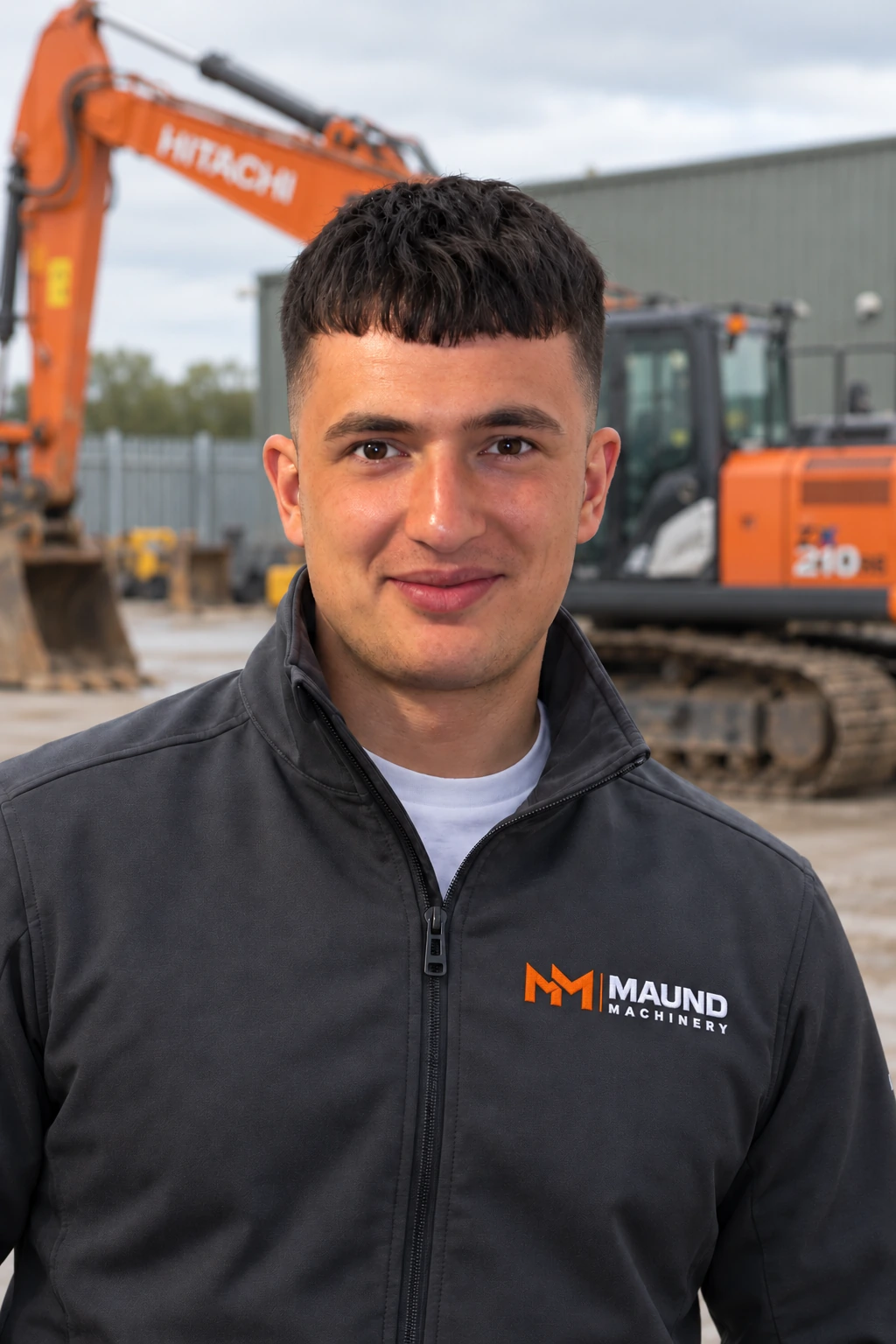 Callum Maund wearing a Maund Machinery branded jacket in a machinery yard